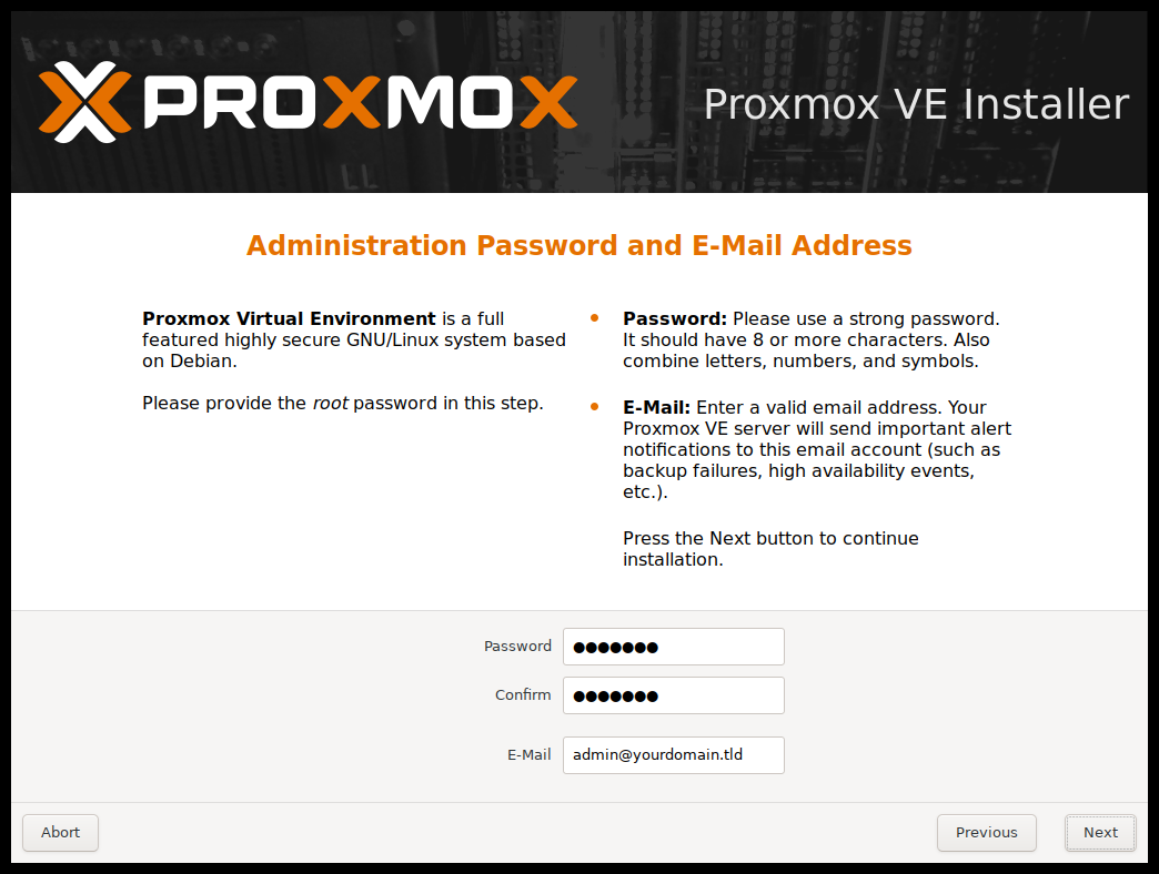 Proxmox installer root password and email