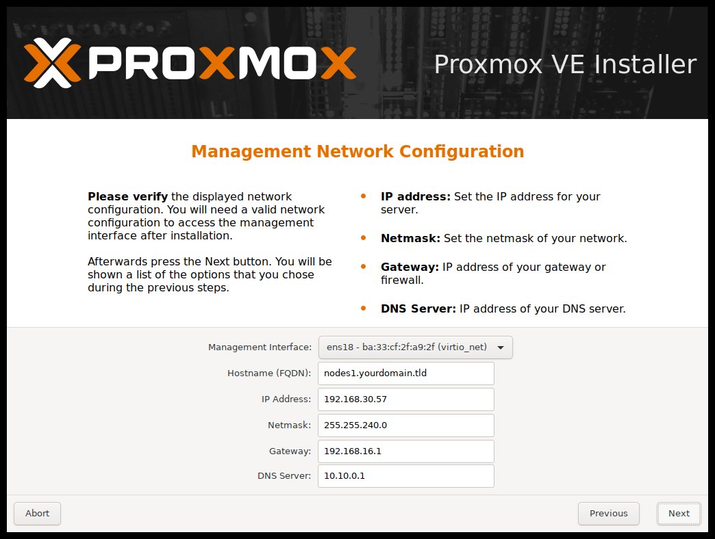 Proxmox installer network configuration management interface