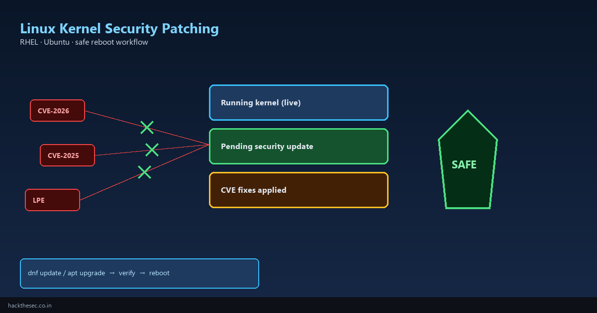 Linux kernel security patching diagram showing CVE fixes applied on RHEL and Ubuntu servers