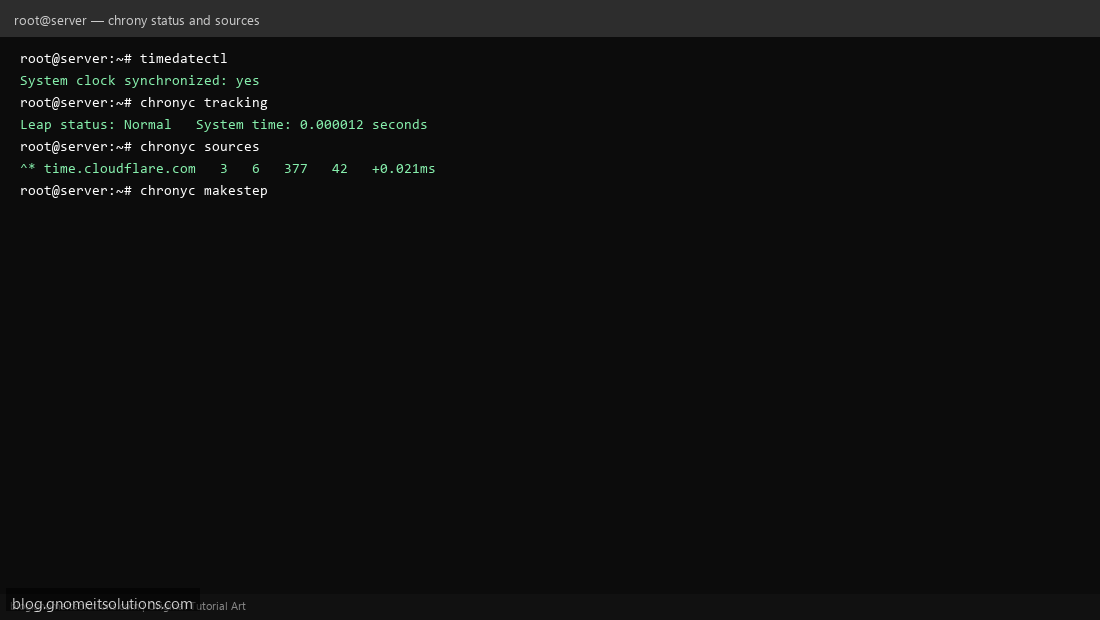 Checking Linux time sync status with timedatectl and chronyc tracking