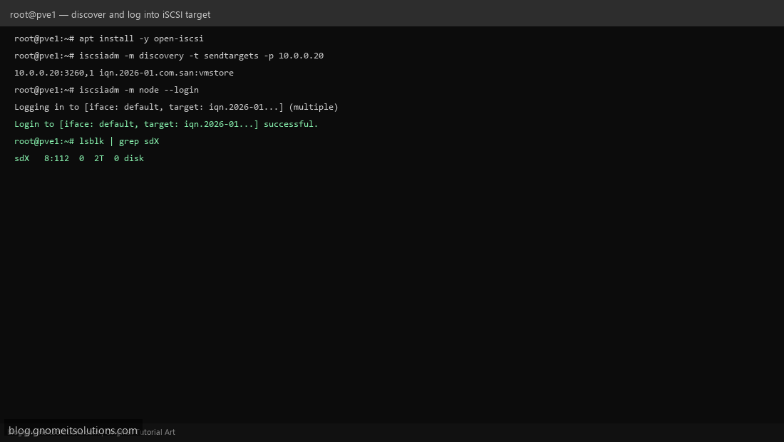 Installing open-iscsi and discovering iSCSI target on Proxmox