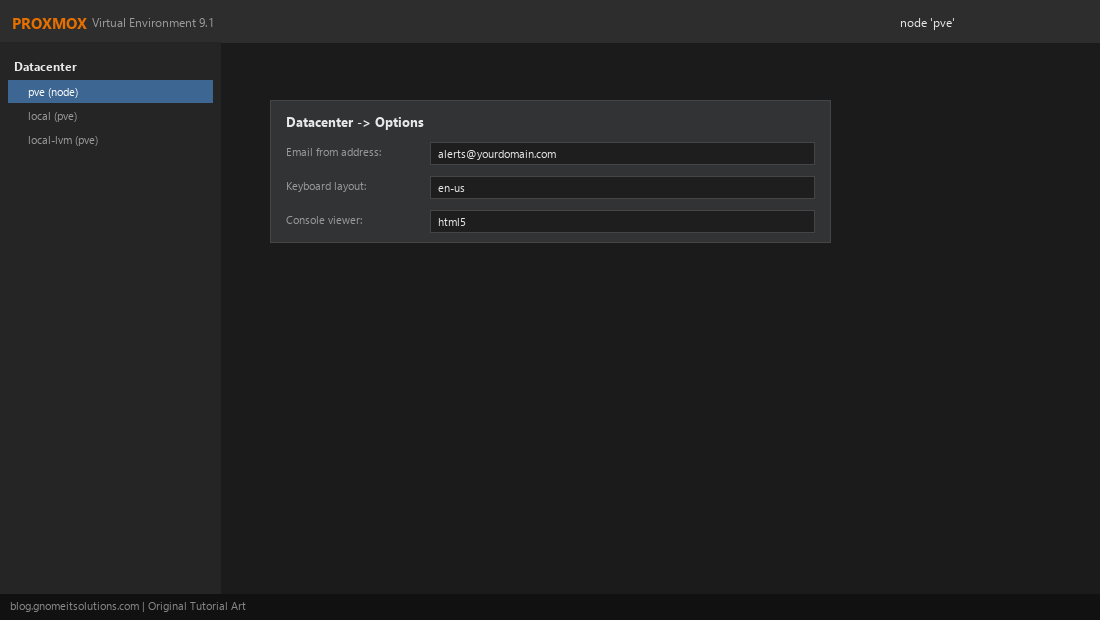 Proxmox Datacenter Options dialog with the notification from-address field
