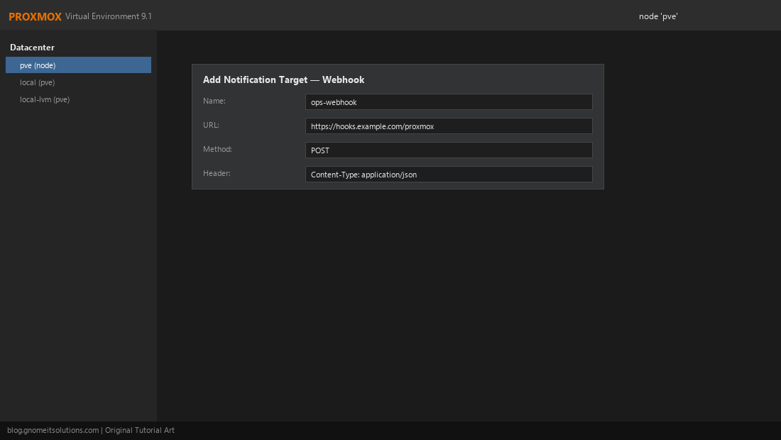 Proxmox Notifications dialog adding a webhook target