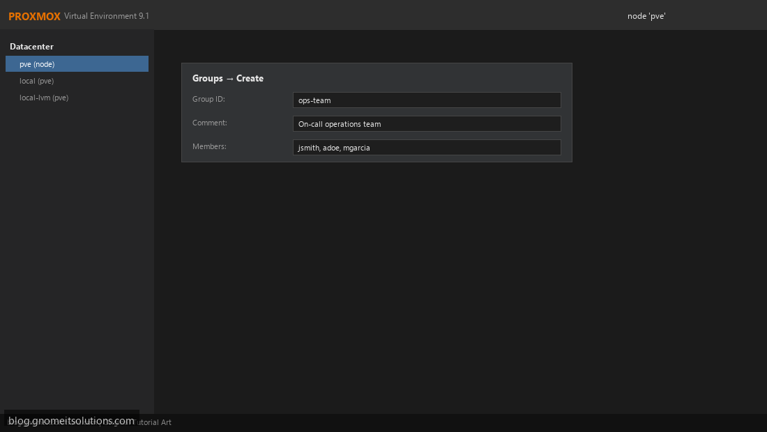 Creating Proxmox group for team-based permission management