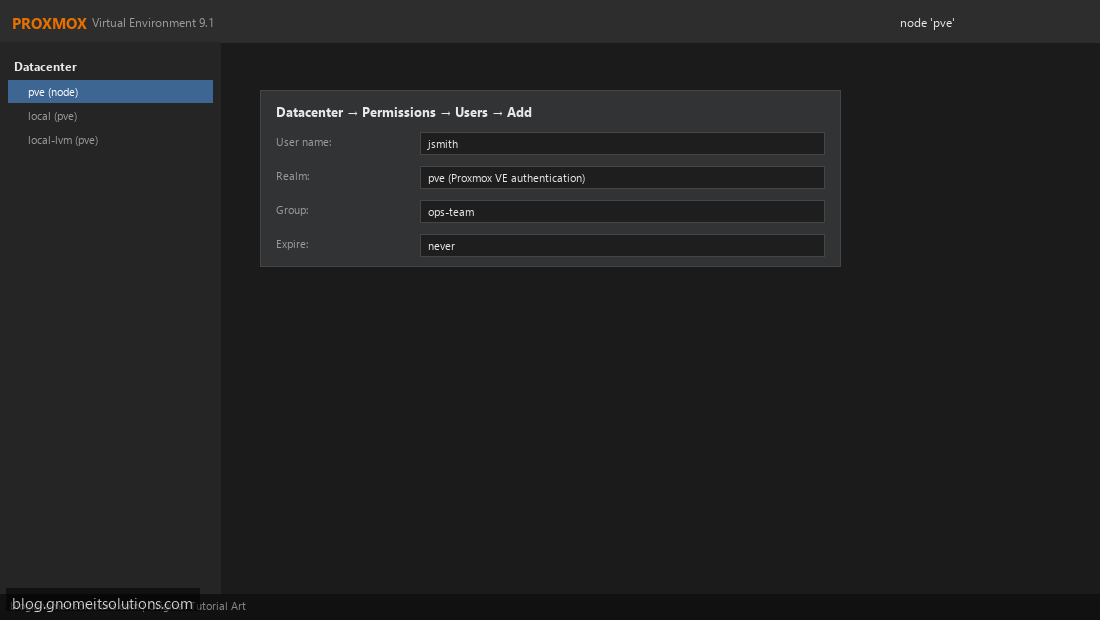 Creating a Proxmox user with pve realm authentication